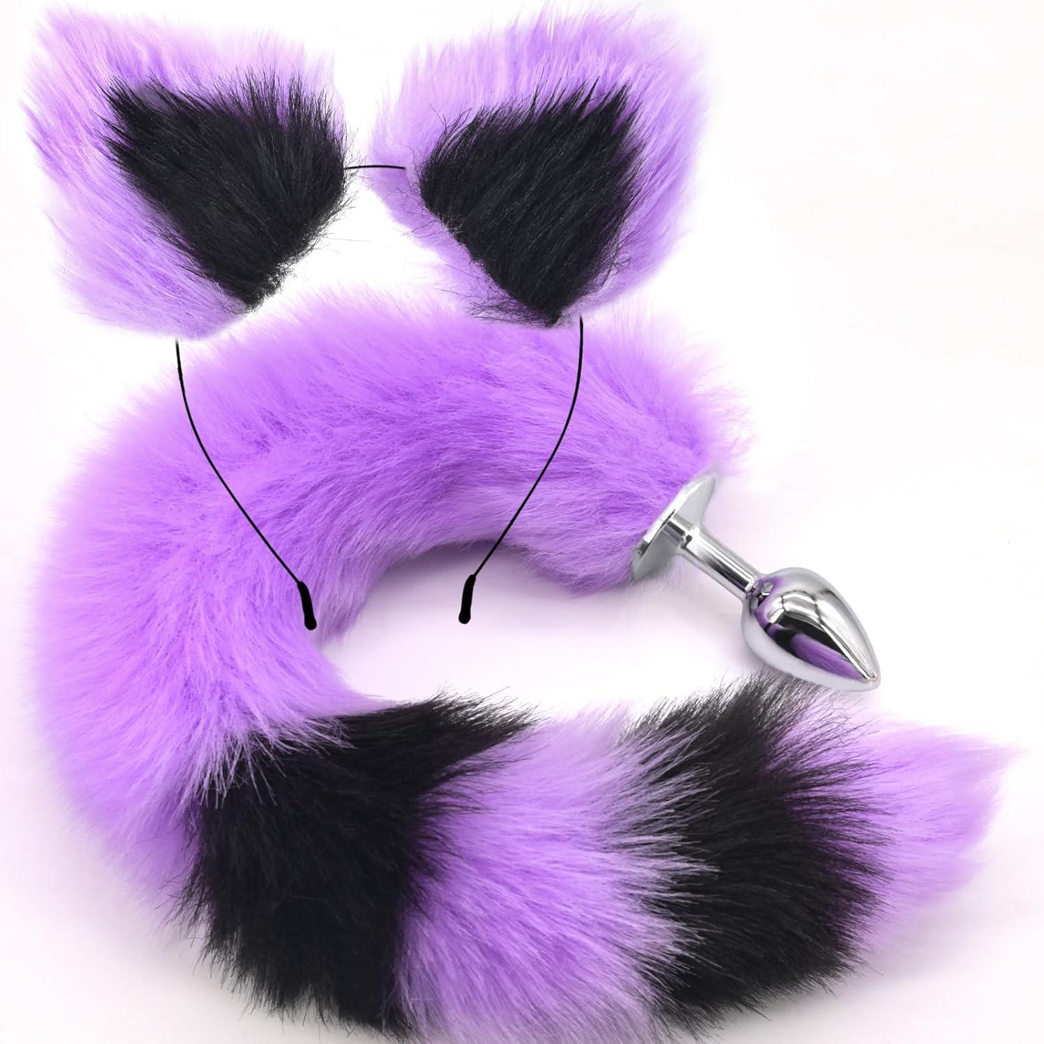 Tüylü Anal Tıkaç + Kedi Kulaklı Taç Pelüş Anal Plug Kuyruk Tıkaç Mor Siyah Plug Fantezi Set