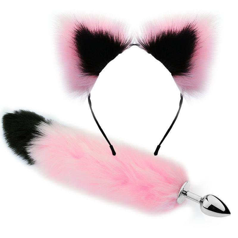 Tüylü Anal Tıkaç + Kedi Kulaklı Taç Pelüş Anal Plug Kuyruk Tıkaç Pembe Siyah Plug Fantezi Set