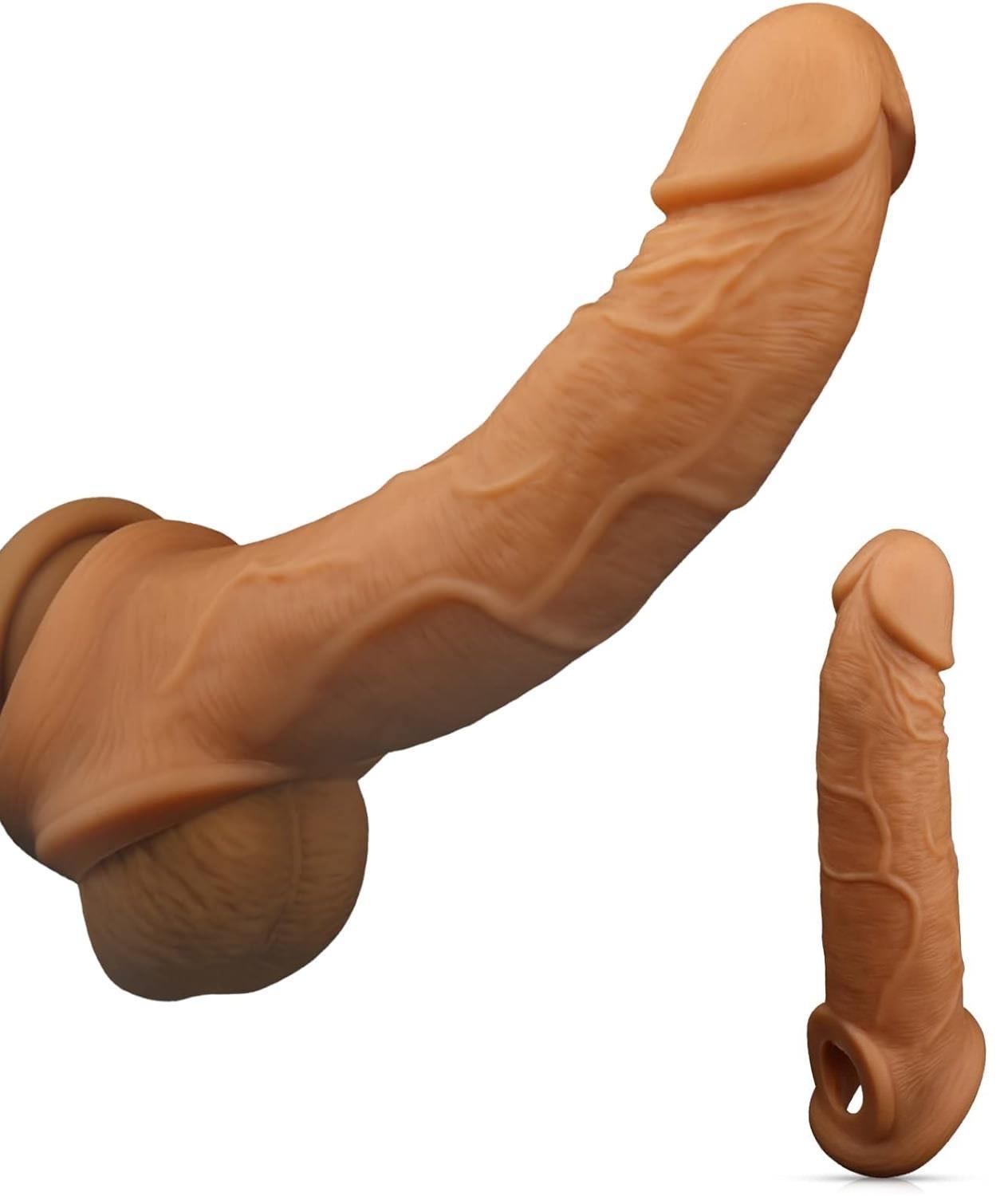 Ultra Gerçekçi Penis Dokusu Testise Geçirmeli 4.5 Cm Uzatmalı Dolgulu 20 Cm Realistik Penis Kılıfı