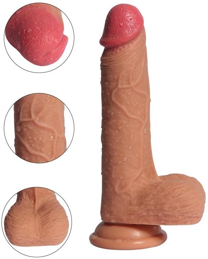 Ultra Gerçekçi Yumuşak Natural Et Doku Tam Realistik Penis Çift Katmanlı 20 Cm Güçlü Vantuzlu Dildo