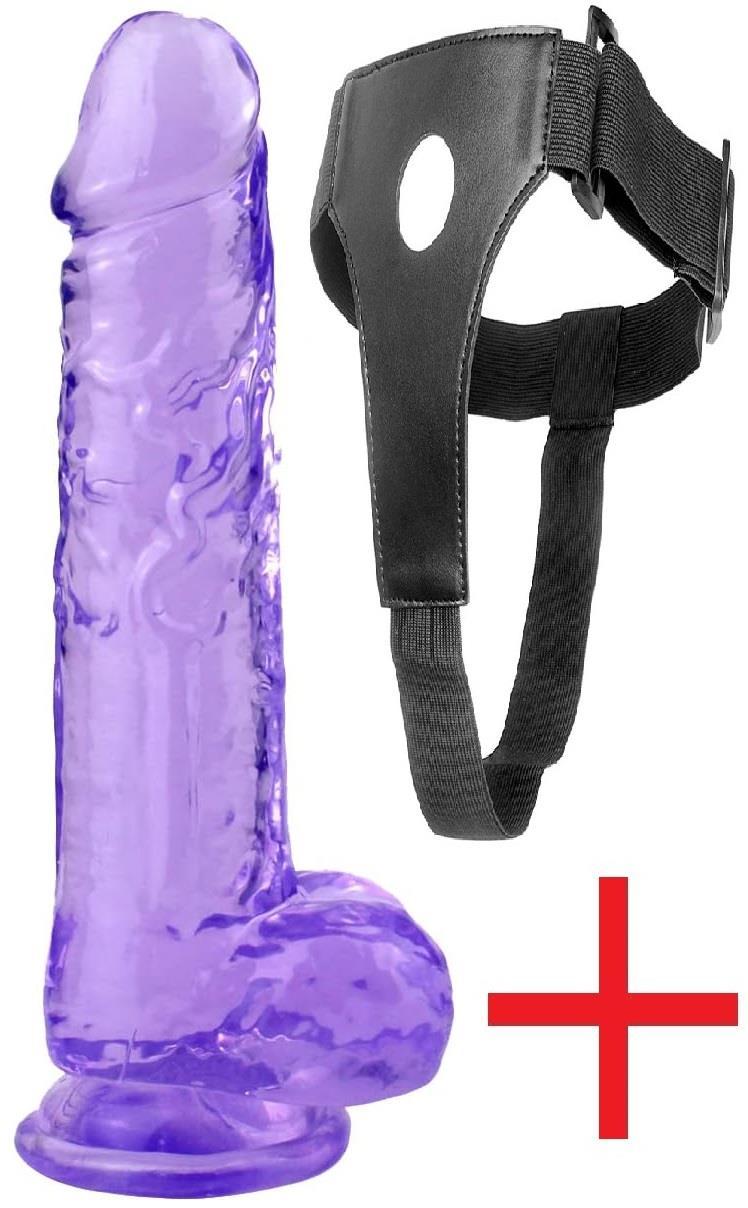 Ultra Yumuşak Mor Jel Dokuda Kemerli 23 Cm Belden Bağlamalı Vantuzlu Realistik Takma Penis Dildo