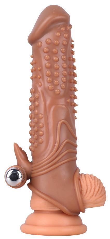 Uyarıcı Tırtıklı Titreşimli Uzatmalı 3 Cm Dolgulu 19 Cm Testis Tutacaklı Melez Realistik Penis Kılıf