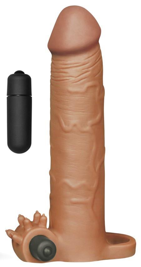 Uzatmalı 7.5 Cm Dolgulu 19.5 Cm Güçlü Titreşimli Testis Tutacaklı Gerçekçi Doku Melez Penis Kılıfı