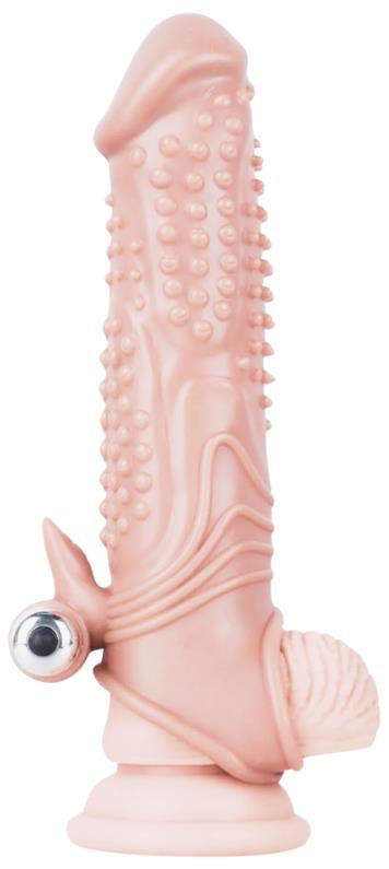 Uzatmalı Uyarıcı Tırtıklı Titreşimli 3 Cm Dolgulu 19 Cm Testis Tutacaklı Realistik Penis Kılıfı