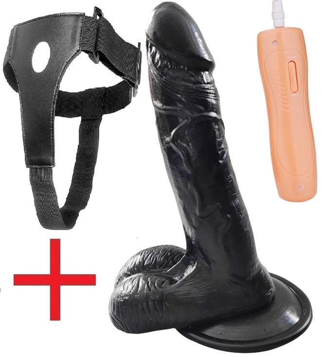 Yumuşak Dokuda Takma Kemerli 10 Mod Titreşim Zenci Dildo 20 Cm Belden Bağlamalı Siyah Penis Vibratör