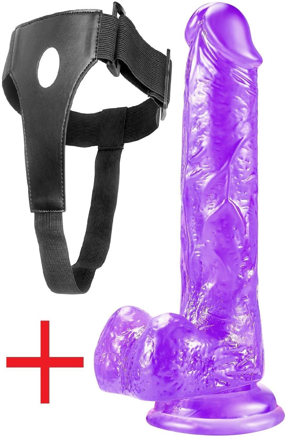 Yumuşak Mor Jel Dokuda Belden Bağlamalı 17.5 Cm Deri Kemerli Vantuzlu Realistik Takma Dildo Penis
