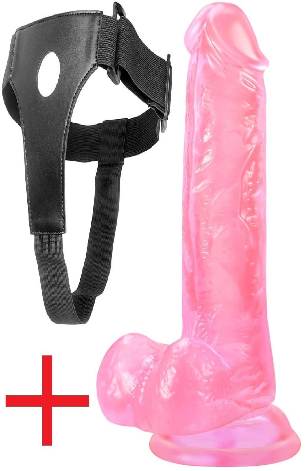 Yumuşak Pembe Jel Dokuda Belden Bağlamalı 18.5 Cm Vantuzlu Deri Kemerli Realistik Takma Dildo Penis