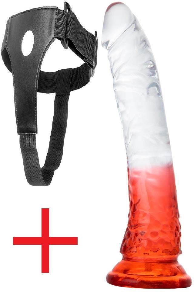 Yumuşak Şeffaf Kırmızı Jel Dokuda Kemerli 21 Cm Yumurtalıksız Belden Bağlamalı Vantuzlu Dildo Penis