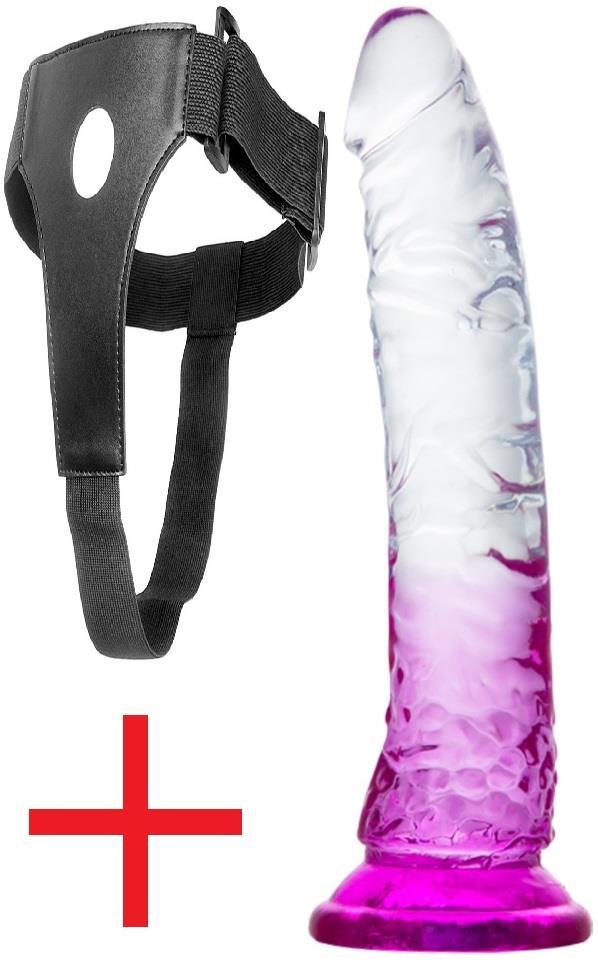 Yumuşak Şeffaf Mor Jel Doku 21 Cm Belden Bağlamalı Kemerli Vantuzlu Yumurtalıksız Takma Dildo Penis