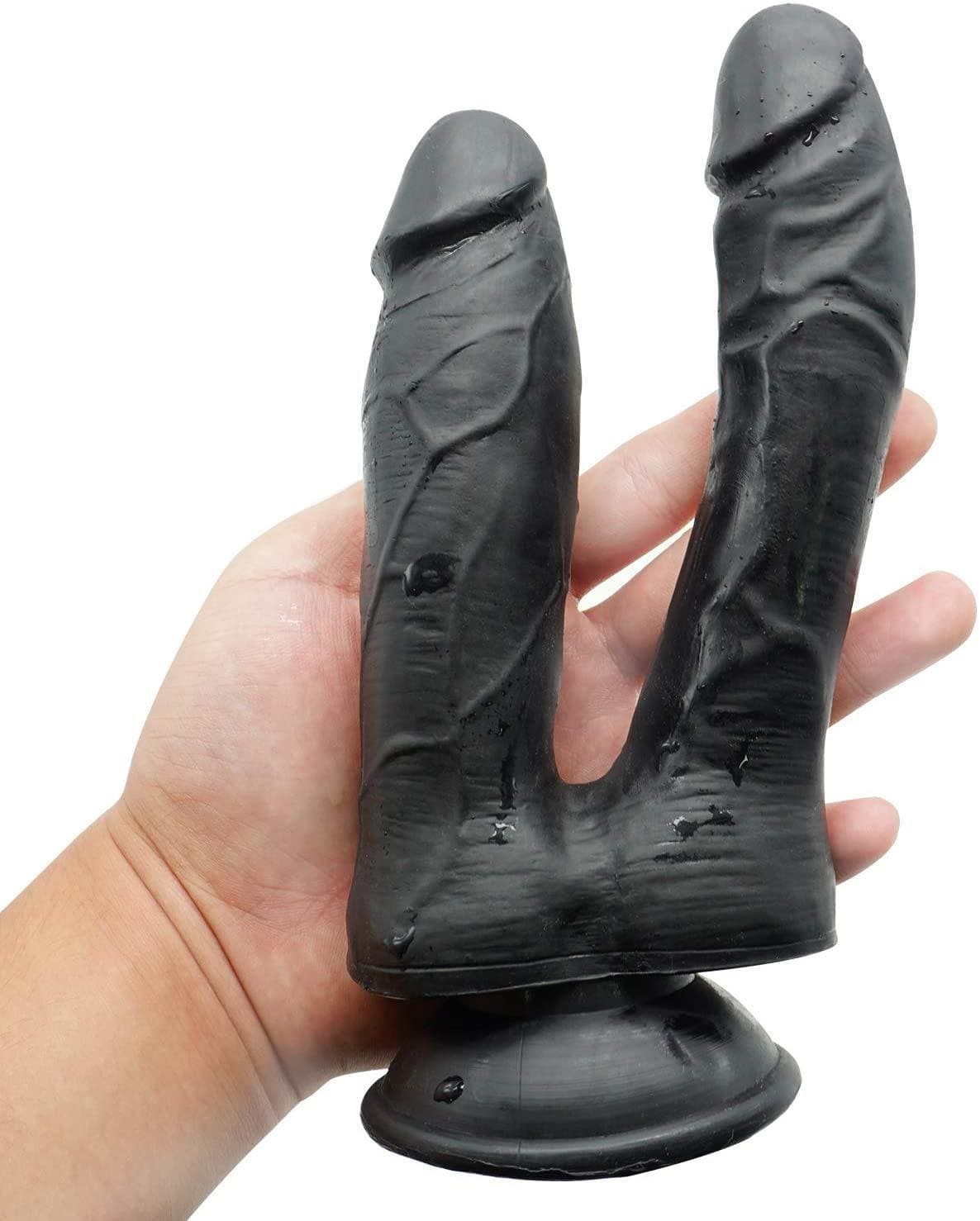 Zenci Çift Başlıklı Gerçekçi Doku 18 Cm Çatal Penis Güçlü Vantuzlu Anal Vajina Realistik Siyah Dildo