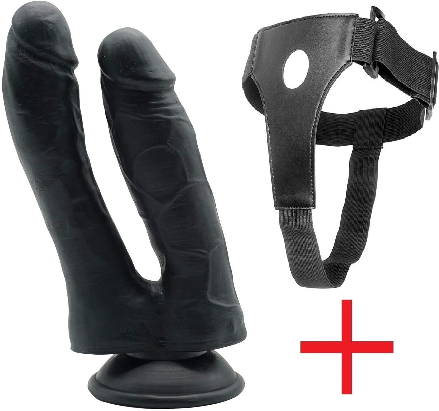 Zenci Gerçekçi Realistik Kemerli Çift Başlıklı Belden Bağlamalı Vantuzlu Siyah Çatal Dildo Penis